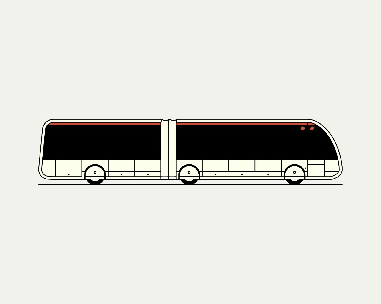 Il·lustració minimalista i plana d'un autobús urbà articulat vist de perfil, de color blanc, negre i amb detalls vermells.