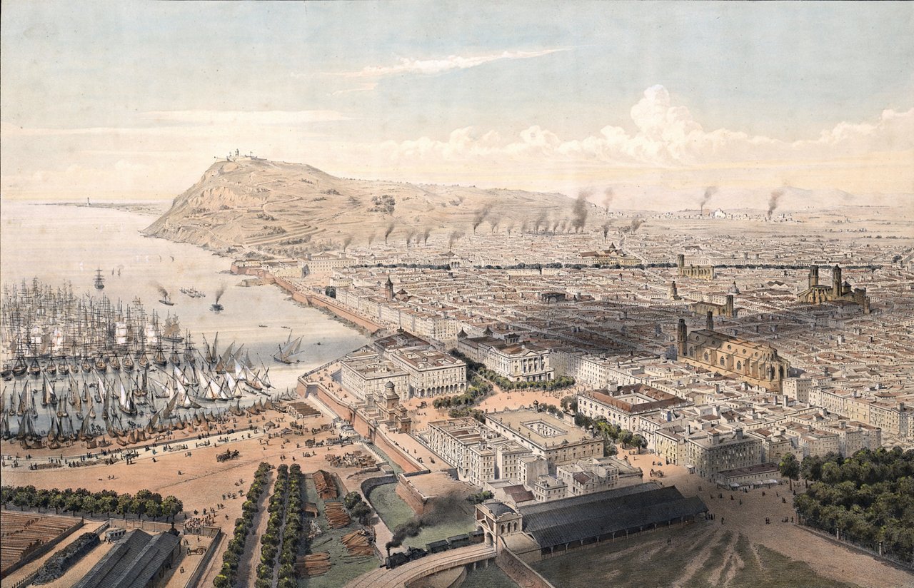 Gravat d'Alfred Guesdon de Barcelona el 1850. Una vista de la ciutat des d'un punt elevat. En primer terme es veu una gran plaça amb edificis institucionals i espais oberts, mentre que a l’esquerra el port està ple d'embarcacions amarrades. La ciutat s’estén en una trama densa d’edificis baixos, amb diverses esglésies i torres que en sobresurten. Al fons destaca la muntanya de Montjuïc, amb camins sinuosos i poca vegetació. S’observen columnes de fum disperses per la ciutat, indicant activitat industrial.  La paleta de colors és suau, amb tons pastel.