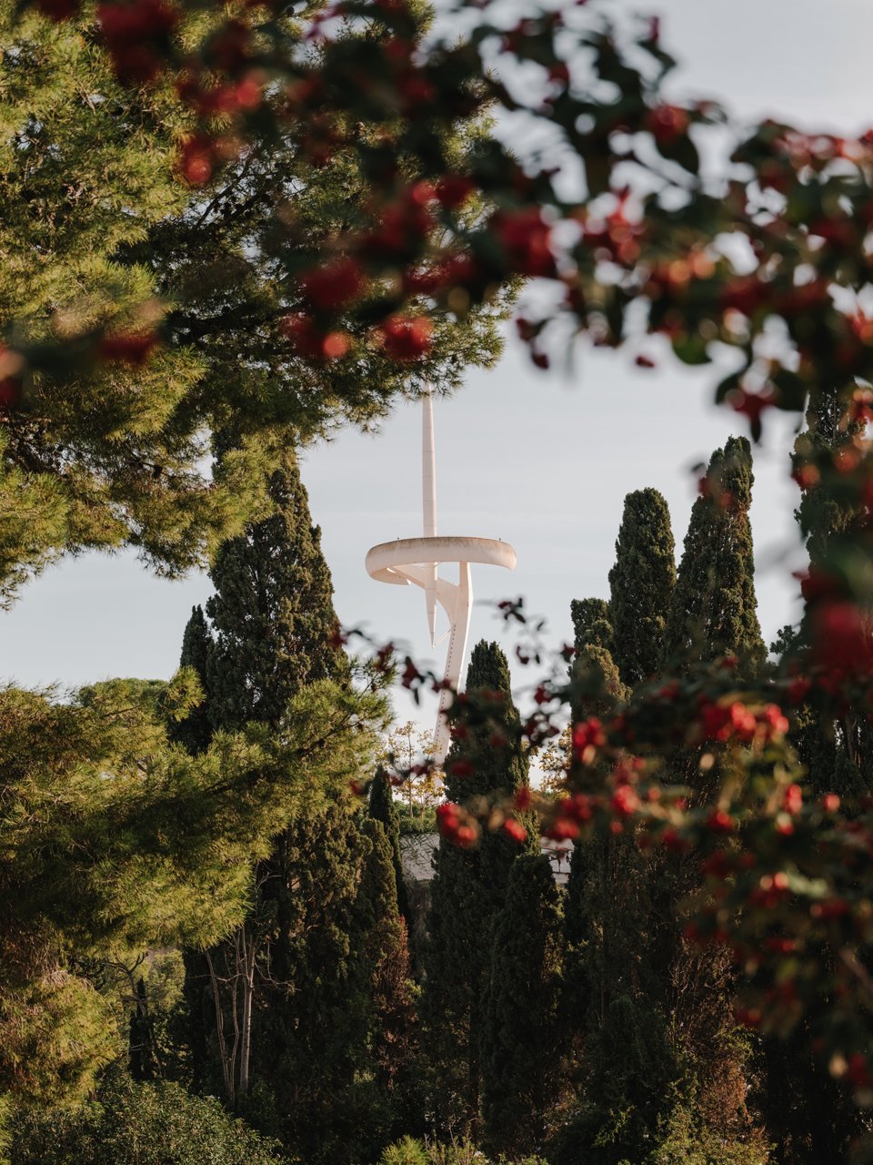 Montjuïc communications tower surrounded by vegetation, seen through trees and blurred red flowers in the foreground.
