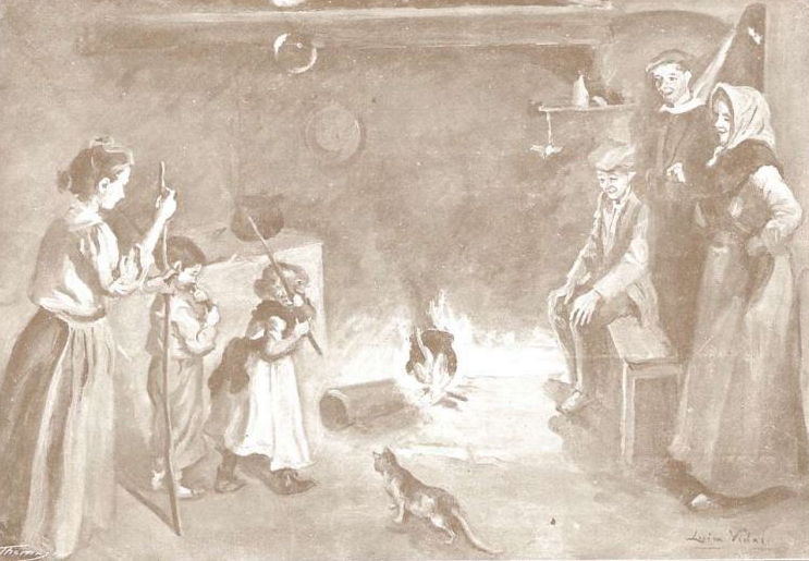 Old illustration of a family gathered around a fireplace at home while children hit the tió with sticks, following the Tió de Nadal tradition.