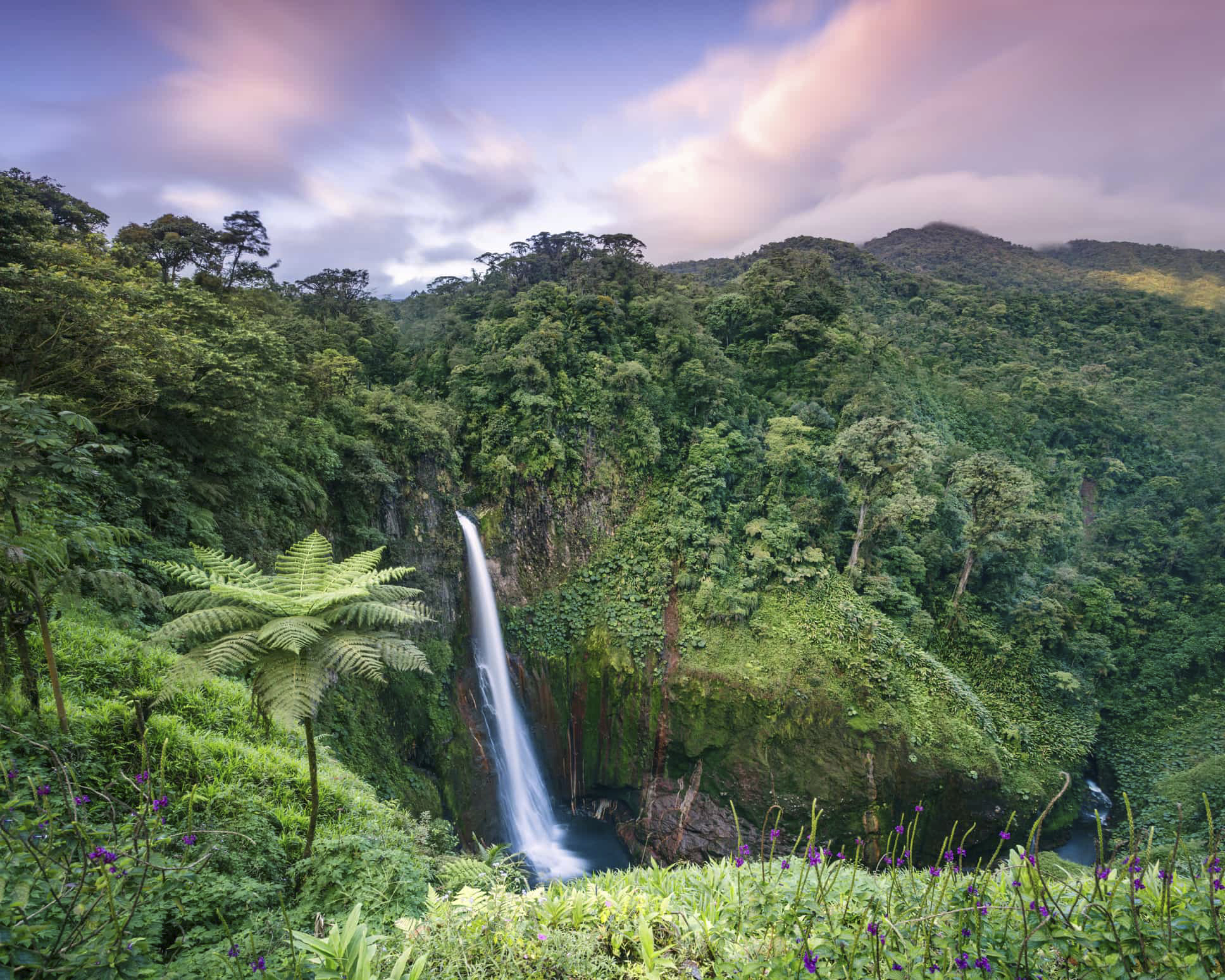 High angle view of Catarata del Toro waterfall at sunset, Costa Rica