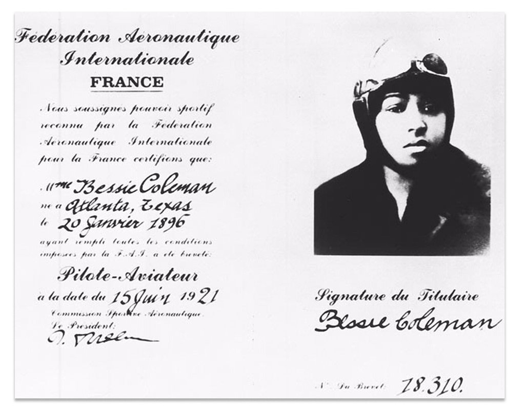 Berühmte Abenteurerinnen: Pilotenschein von Bessie Coleman.