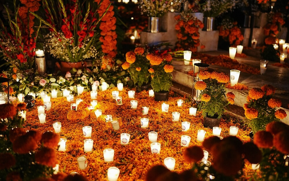 A candlelit altar, or ofrenda, in Mexico.