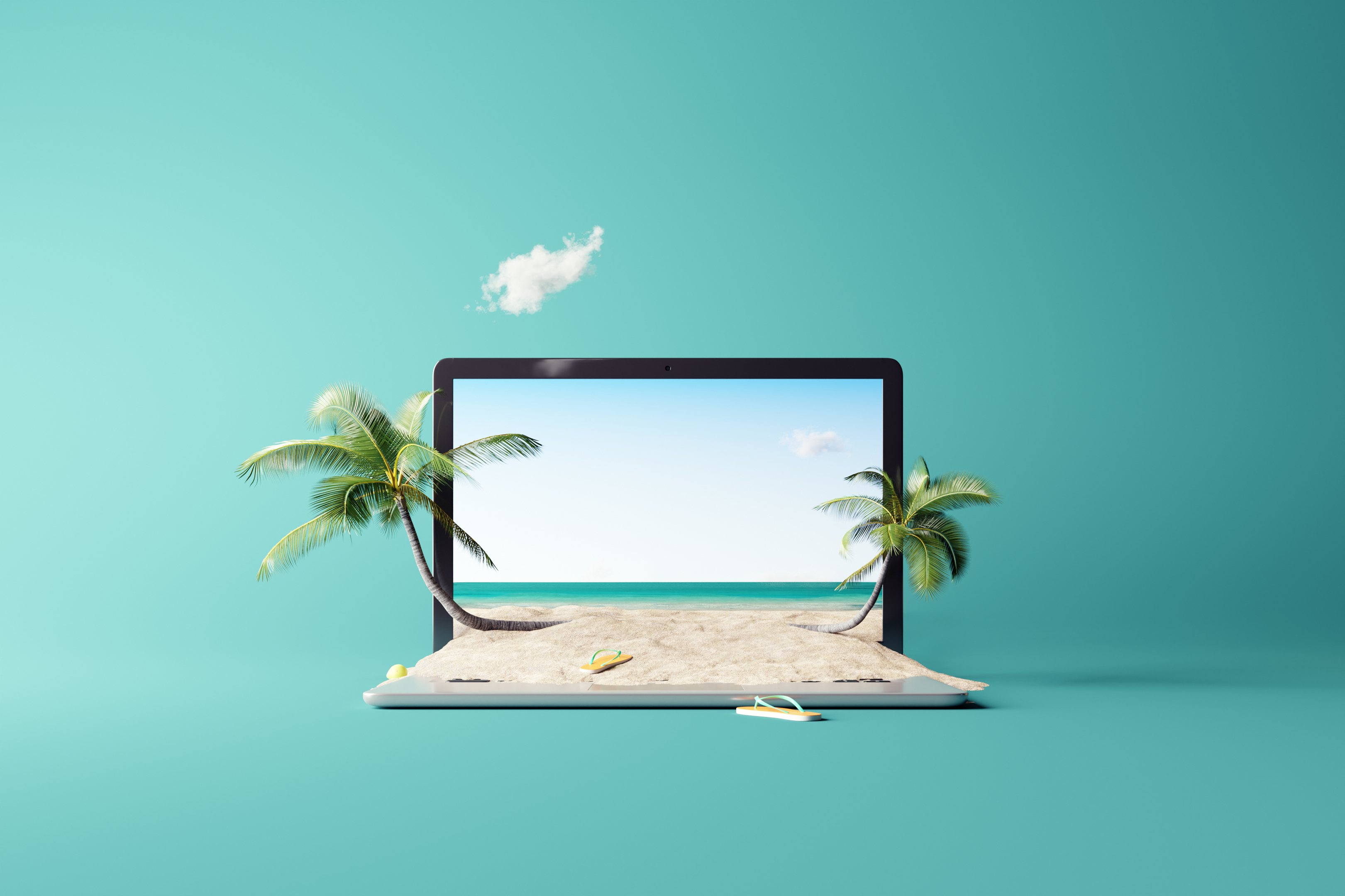 Creative summer beach on laptop with blue background. 3d rendering