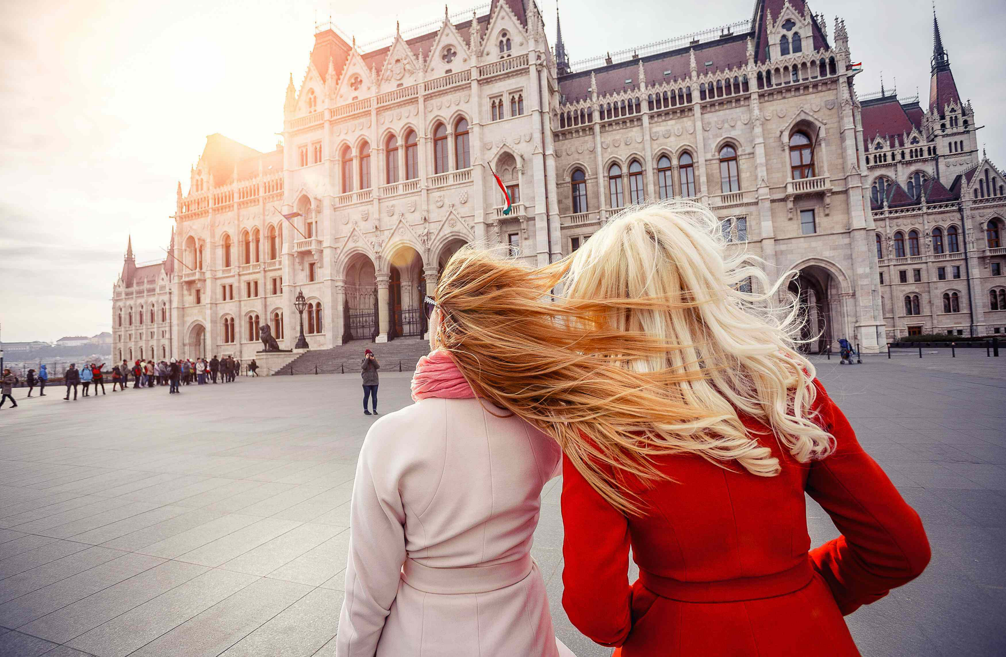 Two women sightseeing in the city of Budapest