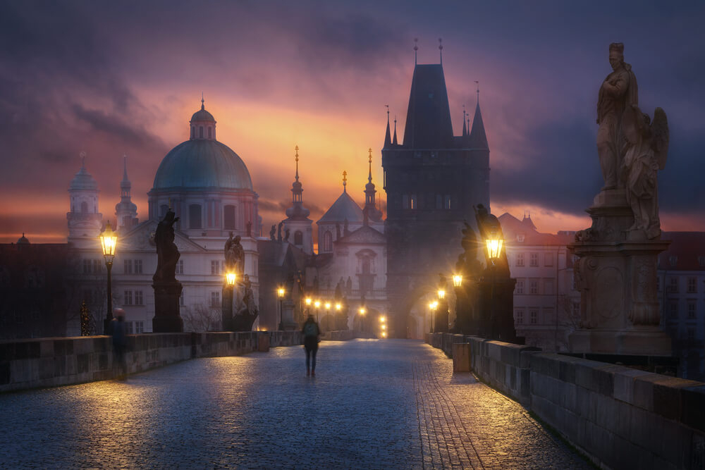 The Charles Bridge in Prague by night. 