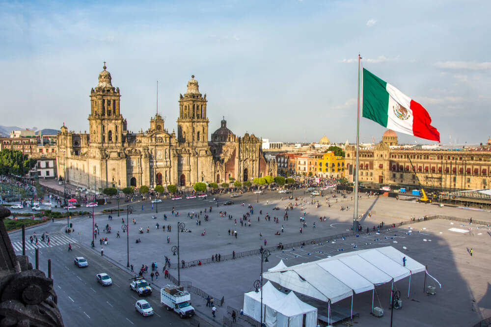 Bird’s eye view of the Zócalo, one of the most popular historical sites in Mexico city.