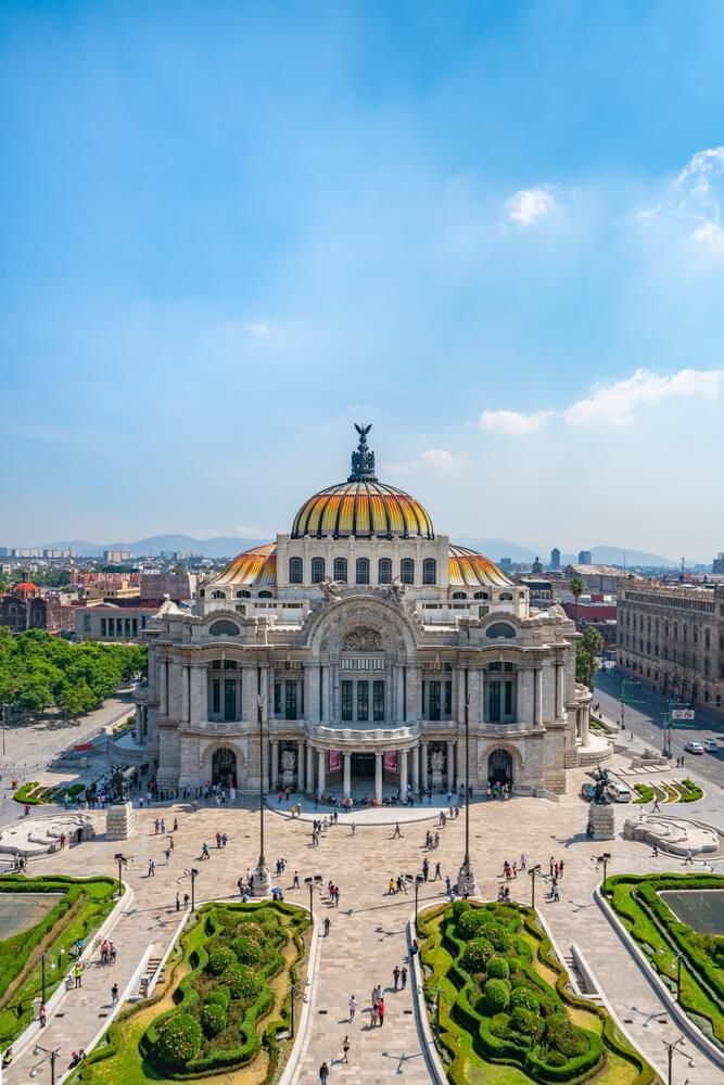 An aerial view of the Palacio de Bellas Artes, an important historical site in Mexico City. 