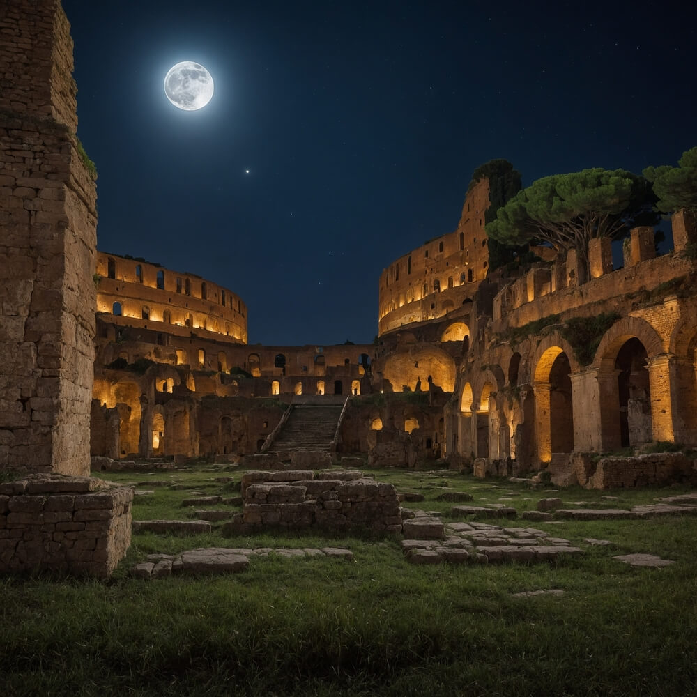 Beleuchtete Ruinen des Domus Aurea in Rom bei Nacht.