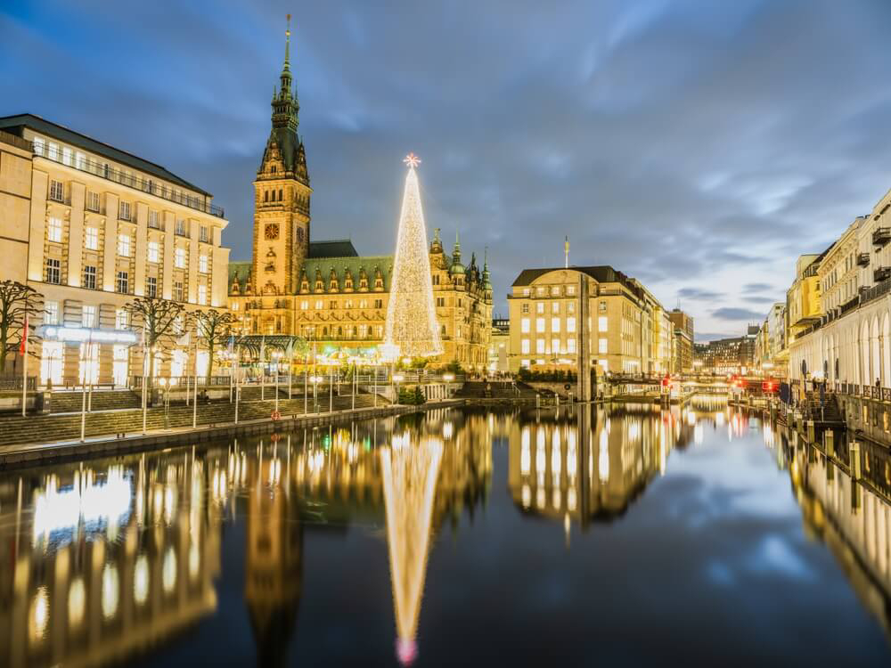 Kurztrip im Dezember: Hamburger Rathaus mit Weihnachtsbaum und Weihnachtsbeleuchtung.