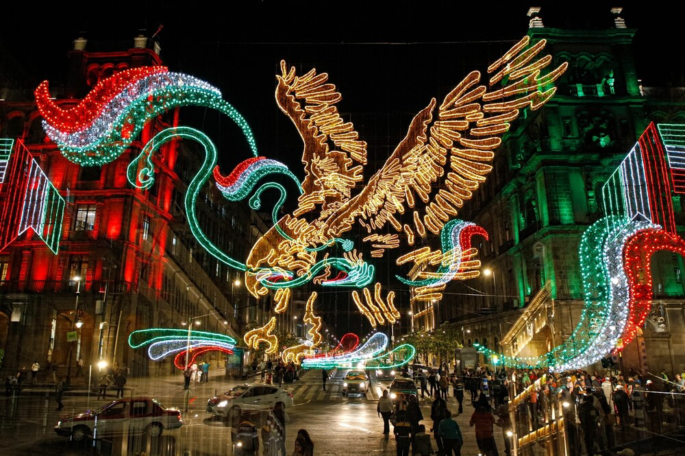 A photo of a wide street decorated with festive lights on September 15.