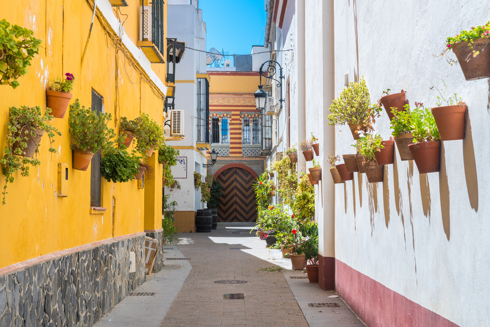 Sanlúcar de Barrameda: Typical passageway with flowerpots on the walls  in the old town