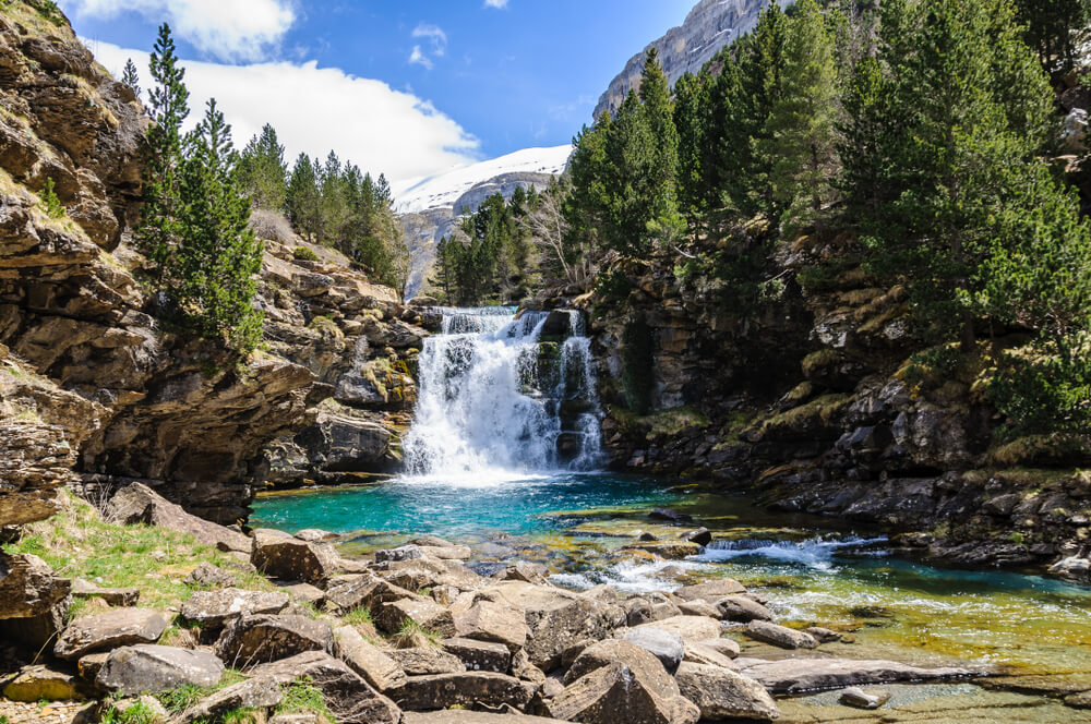 A close up of a waterfall in the Aragon Valley