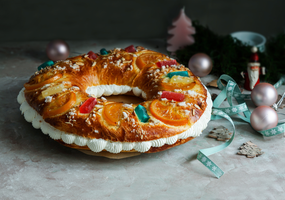 Spain January 6th: A close-up of a traditional Roscón de Reyes cream cake