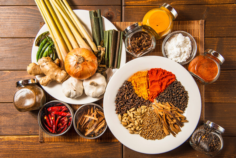 Street food in Sri Lanka: A flat-lay of all the spices and dry ingredients to make curry