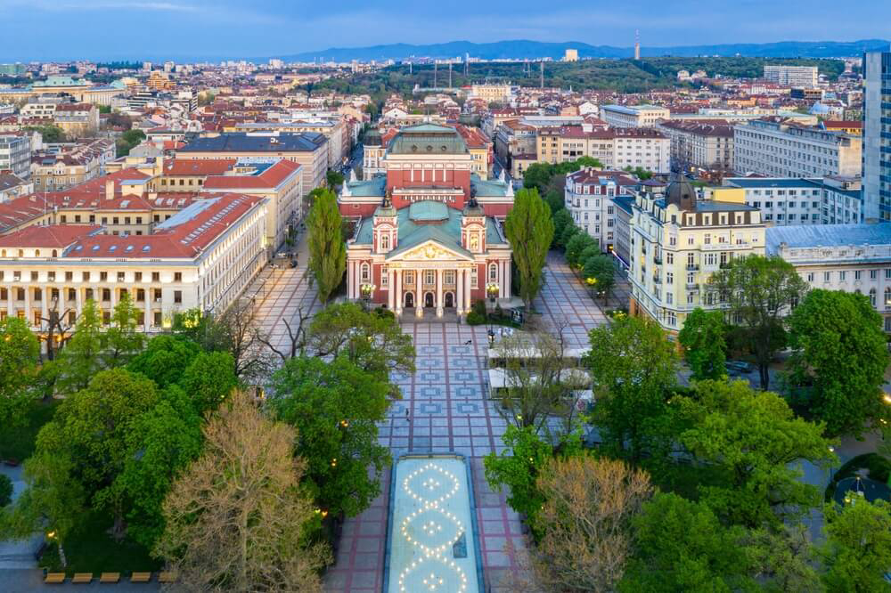 Things to do in Bulgaria: A bird’s eye view of the city centre in Sofia and the Ivan Vazov Theatre 