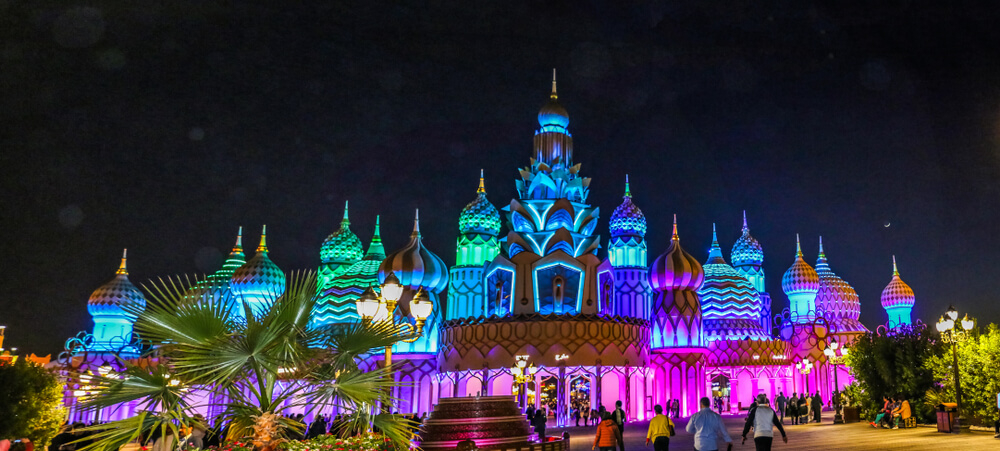 Things to do in Dubai with kids: Global Village lit up at night