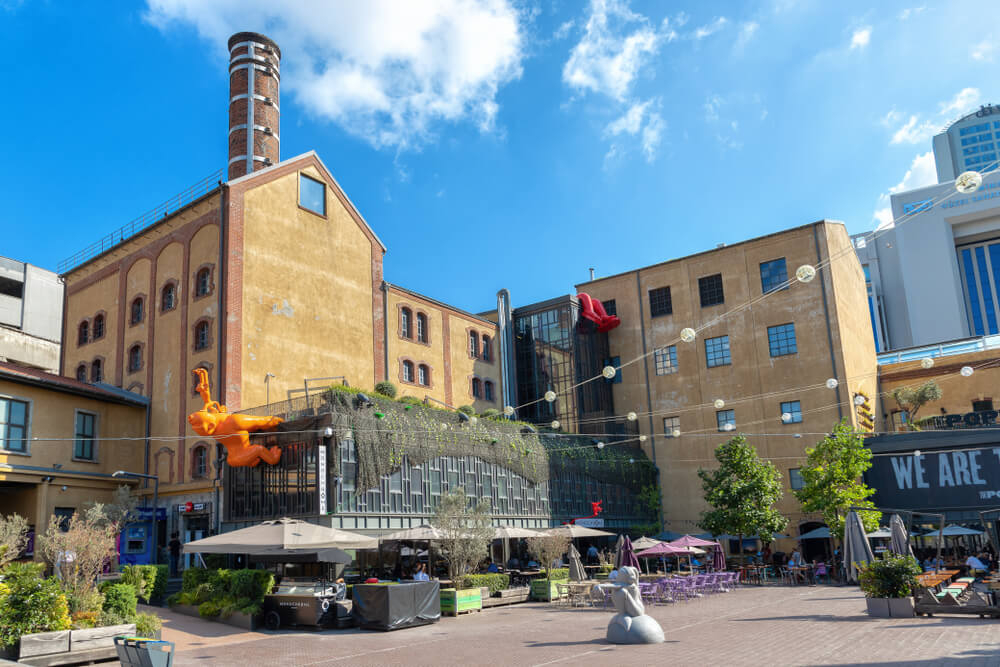 A close-up of the refurnished industrial estate with dining areas