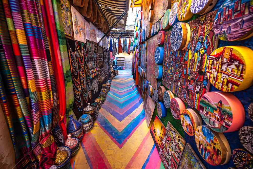 Fez Souk: Brightly colourful items for sale at a Moroccan market stall