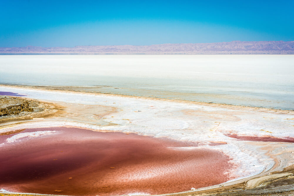 Der Salzsee Chott el Djerid in Tunesien mit rosafarbenem und grünlichem Wasser.