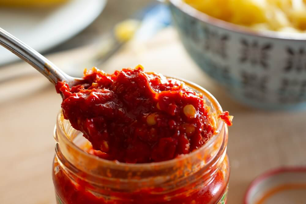 Harissa diari: A close-up of a spoonful of harissa paste in a jar