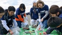 Photo: BASF employees sort plastic waste on a beach