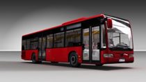 Model of a red bus with grey background 
