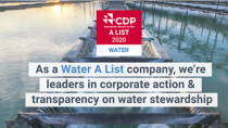 CDP water disclosure image with text "As A water A list leaders in corporate action and transparency on water stewardship" 