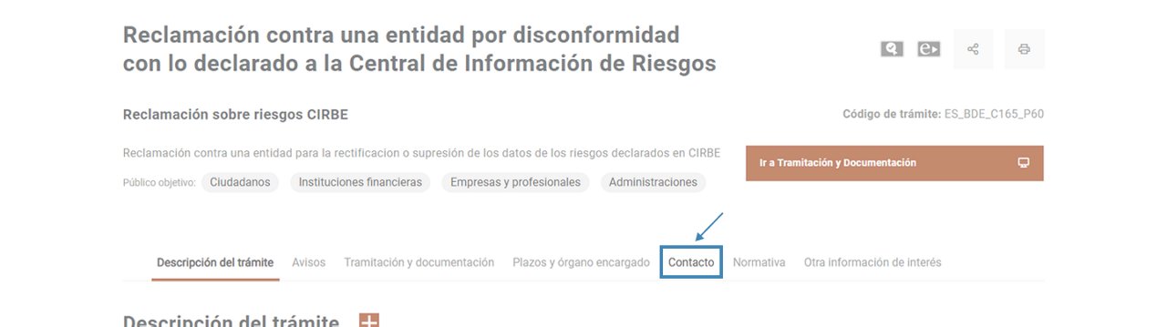 Pulsar en contacto para ir al contacto del trámite