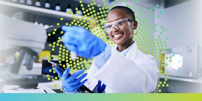 lab technician with light green to light blue gradient array behind her and a light blue to light green gradient bar below her