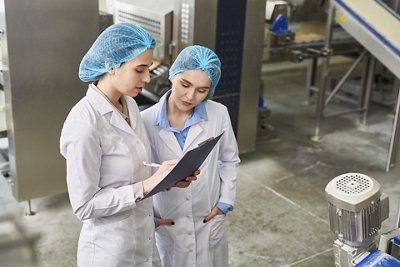 Concentrated busy food manufacturing workers in caps and lab coats analyzing data in clipboard and filling paper after production expertise