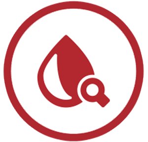 Red and white icon with drop and magnifying glass