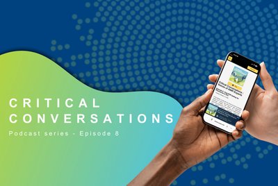 Visual of a smartphone showing the BioMérieux “Critical Conversations” podcast series, Episode 8, focused on a clinical case. The design features a blue and green gradient background with a dotted medical pattern, highlighting a digital healthcare content experience accessible on mobile.