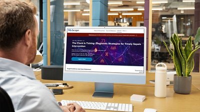 Visual of a healthcare professional viewing an online educational module on sepsis diagnostic strategies on a desktop computer. The scene takes place in a modern office environment, highlighting digital medical education and clinical learning.
