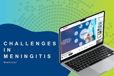 Visual of a laptop showing a BioMérieux webinar focused on challenges in meningitis, including diagnosis and clinical management. The design features a blue and green medical background, highlighting digital learning for healthcare professionals.