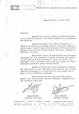Letter sent to the analytical laboratories announcing the creation of B-D Mérieux in May 1964.