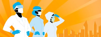 Illustration of lab workers in PPE standing on a yellow background