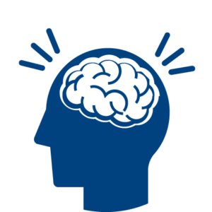 Blue and white icon showing person with brain