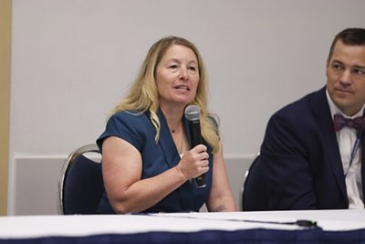 Panelist Helaine Bader, MPH speaks on Wednesday, July 28, 2026 in Anaheim, Calif. (Mark Von Holden/AP Content Services for bioMérieux)