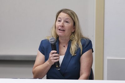 ADLM Panelist Helaine Bader, MPH speaks on Wednesday, July 28, 2026 in Anaheim, Calif. (Mark Von Holden/AP Content Services for bioMérieux)