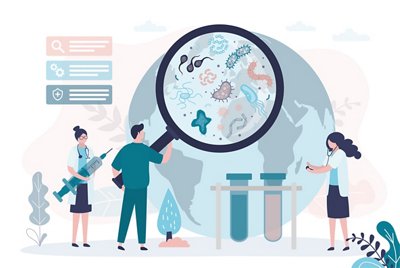Team of scientists studying spread of viruses. Laboratory research by epidemiologists. Doctors trying to find vaccine. Man with magnifying glass studies structure of microbes. Flat vector illustration