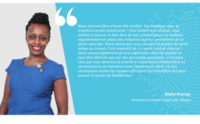 Nous sommes fiers d'avoir été certifiés Top Employer pour la troisième année consécutive ! Chez bioMérieux Afrique, nous veillons à assurer le bien-être de nos collaborateurs et mettons régulièrement en place des initiatives qui leur permettent de se sentir valorisés. Étant donné que nous passons la plupart de notre temps au travail, il est impératif de s’y sentir comme chez soi !​ Nous savons également qu'une expérience client de qualité ne peut être délivrée que par des personnes épanouies : c'est pour cela que nous donnons la priorité à l'expérience collaborateur et reconnaissons sa résonance avec l'expérience client. Ce prix récompense toutes les équipes africaines qui travaillent dur pour assurer le succès de bioMérieux !