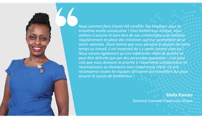 Nous sommes fiers d'avoir été certifiés Top Employer pour la troisième année consécutive ! Chez bioMérieux Afrique, nous veillons à assurer le bien-être de nos collaborateurs et mettons régulièrement en place des initiatives qui leur permettent de se sentir valorisés. Étant donné que nous passons la plupart de notre temps au travail, il est impératif de s’y sentir comme chez soi !​ Nous savons également qu'une expérience client de qualité ne peut être délivrée que par des personnes épanouies : c'est pour cela que nous donnons la priorité à l'expérience collaborateur et reconnaissons sa résonance avec l'expérience client. Ce prix récompense toutes les équipes africaines qui travaillent dur pour assurer le succès de bioMérieux !