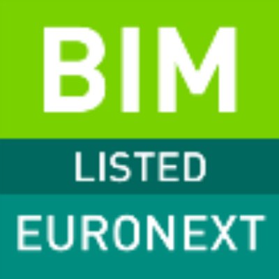 White text on a backgrounds with 3 shades of green stating: "BIM LISTED EURONEXT"
