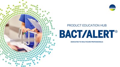 Healthcare professional reviewing clinical information at a patient’s bedside, featured in the bioMérieux product education hub section dedicated to bact/alert® blood culture systems.