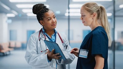 Two healthcare professionals reviewing clinical data on a tablet in a hospital environment, illustrating medical collaboration, clinical decision-making, and healthcare education support.