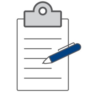 Blue and gray icon with clipboard and pen 