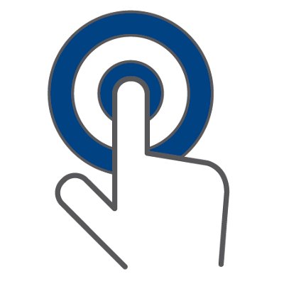 Blue and white icon of hand touching a target