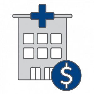 Blue and gray icon with hospital and dollar sign 