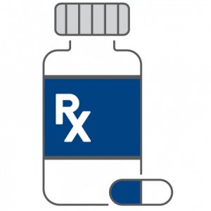 Blue and white icon with RX bottle